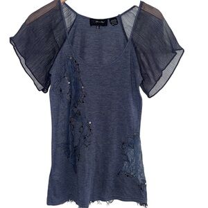 Miss Me Chic Navy Sheer Sleeve Top with Lace Cut Outs - Medium